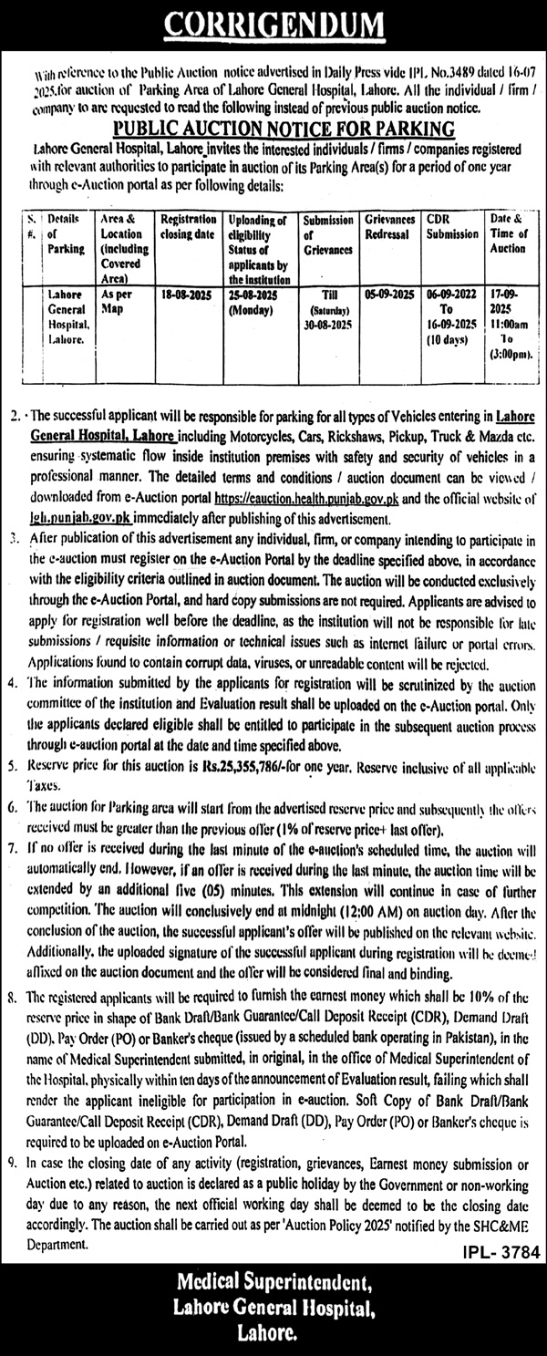 Lahore General Hospital Lahore Tender Notice